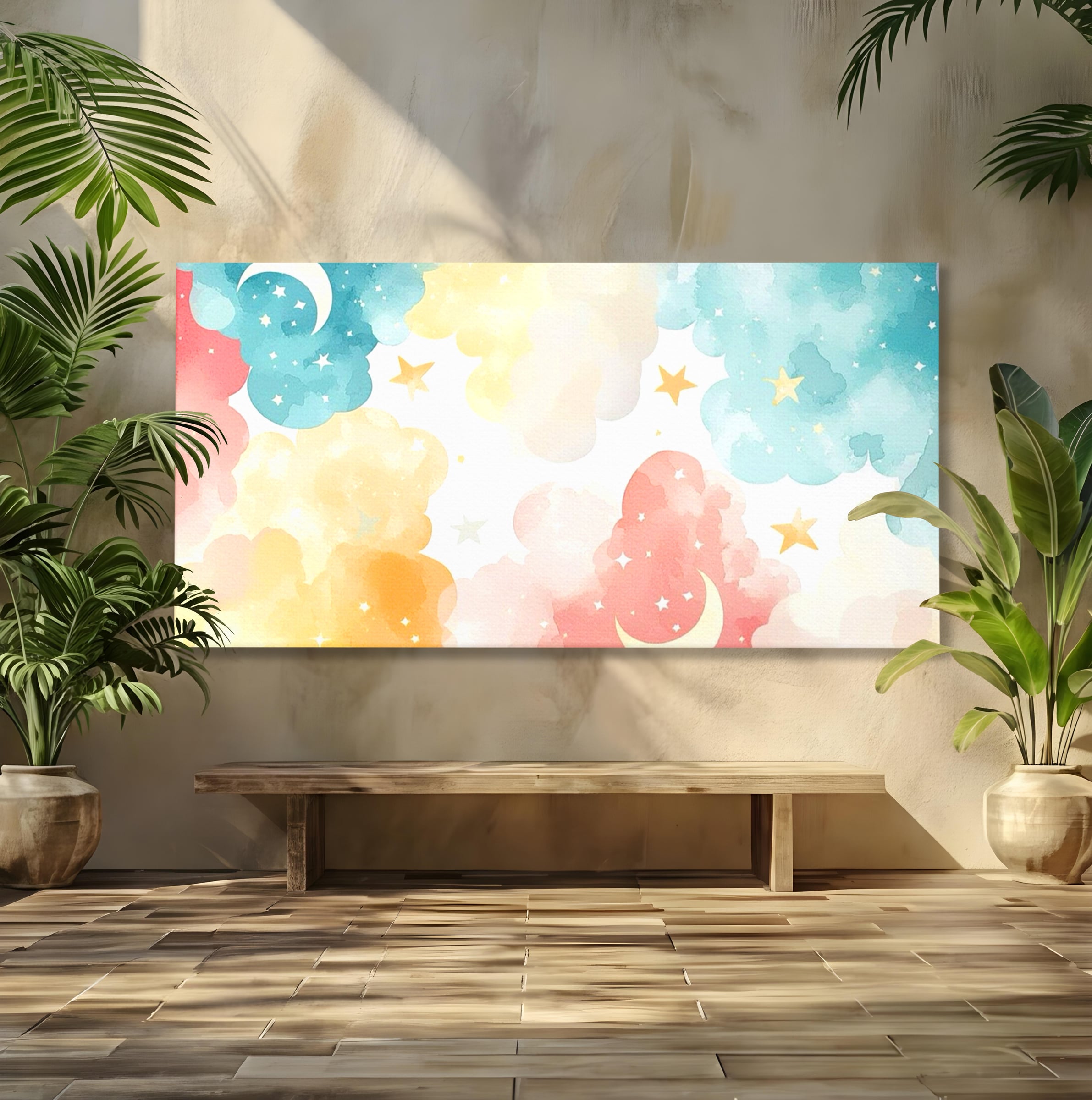 Tablou canvas cu ilustratie canvas cu nori si semiluni, fara rama, pe sasiu de lemn
